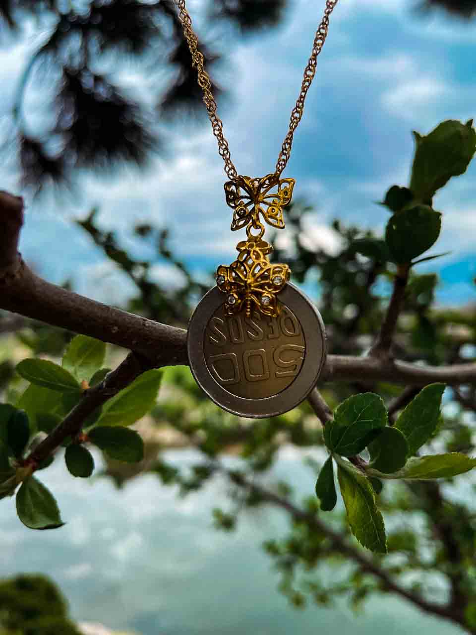 Colombia Coin Butterfly Charm Necklace