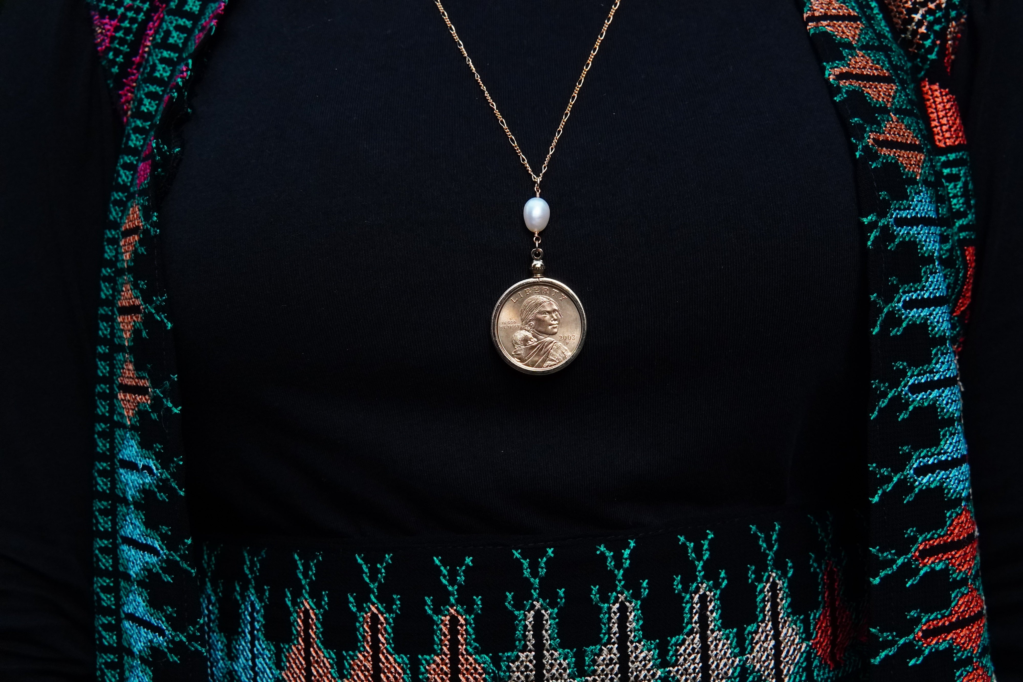 Sacajawea Coin and Pearl Necklace