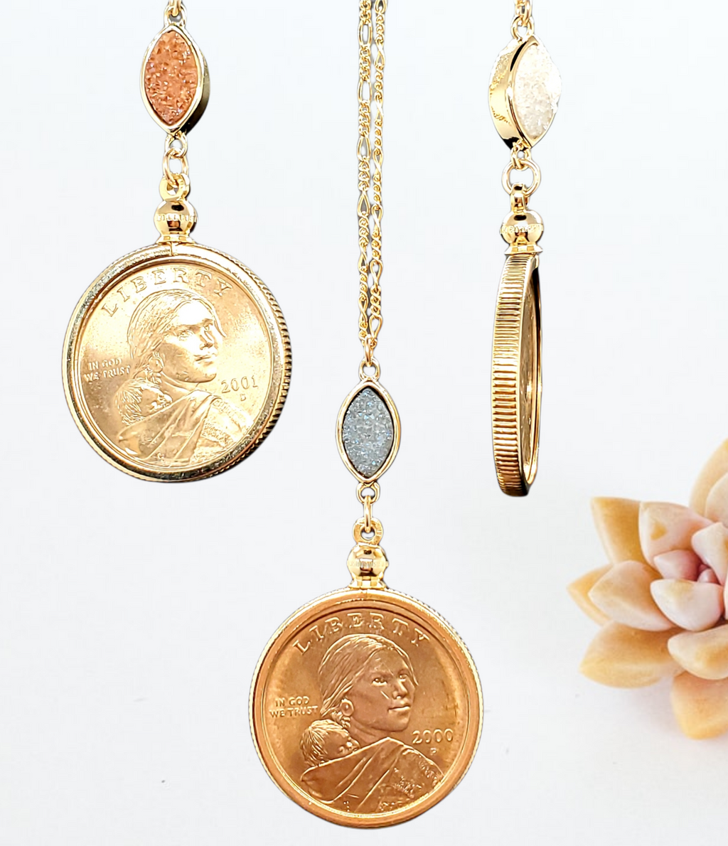 Sacajawea Coin and Druzy Stone Necklace