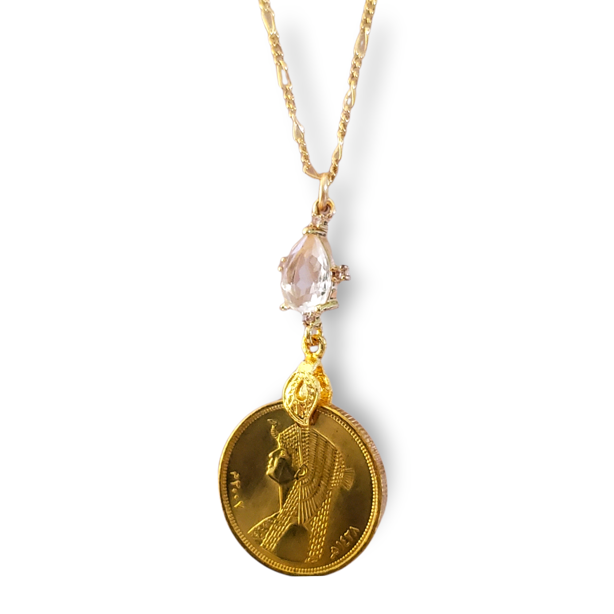 Cleopatra Egyptian Coin and Pear Charm Necklace