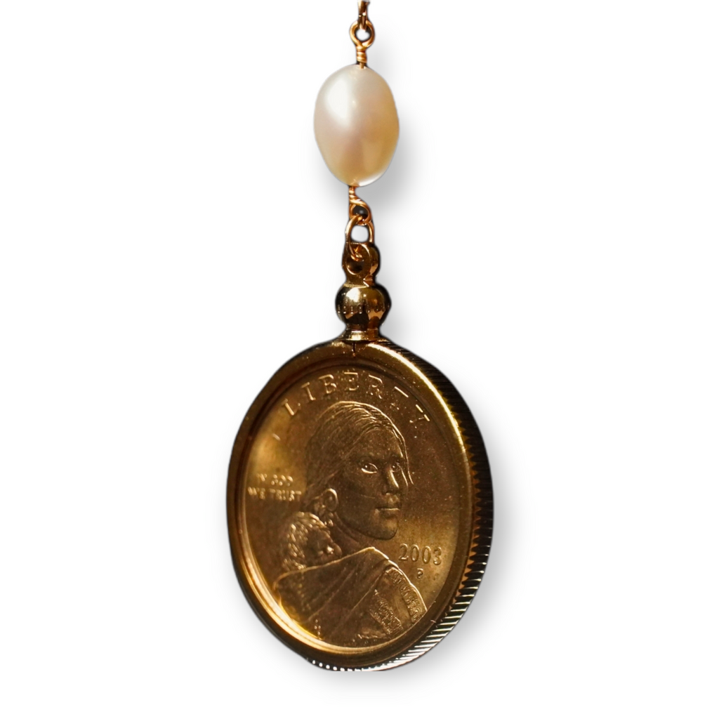 Sacajawea Coin and Pearl Necklace